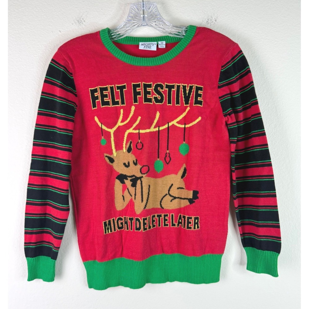 Mighty Fine Sweater Womens Small Felt Festive Reindeer Ugly Christmas Red Green
